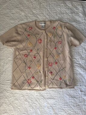 Alfred Dunner Cream Floral Embroidered Short-Sleeve Cardigan